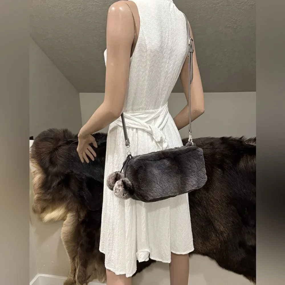 Gray Real Sheared Beaver Fur Handmade Double Zip Pillow Shoulder Bag/ Crossbody